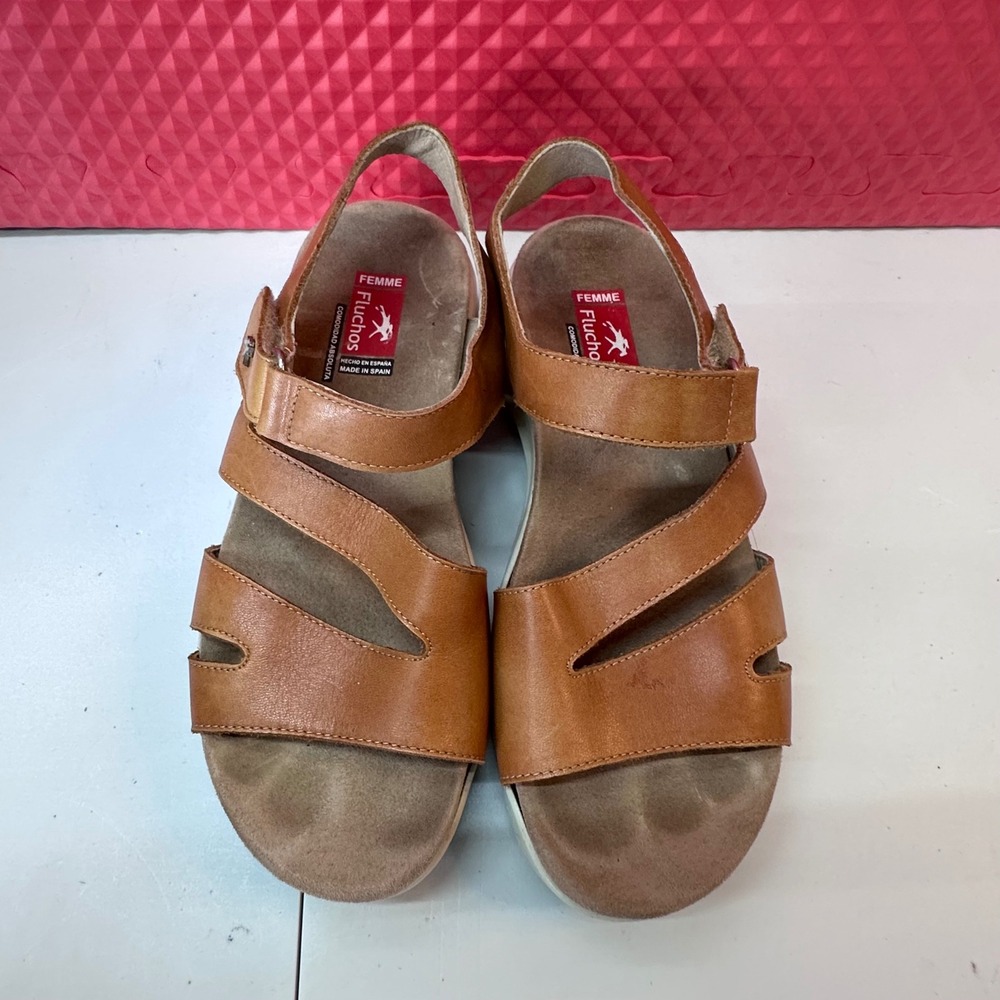Fluchos Femme Tan Leather Comfort Sandals Made in Spain EU 35 Hook Loop Strap